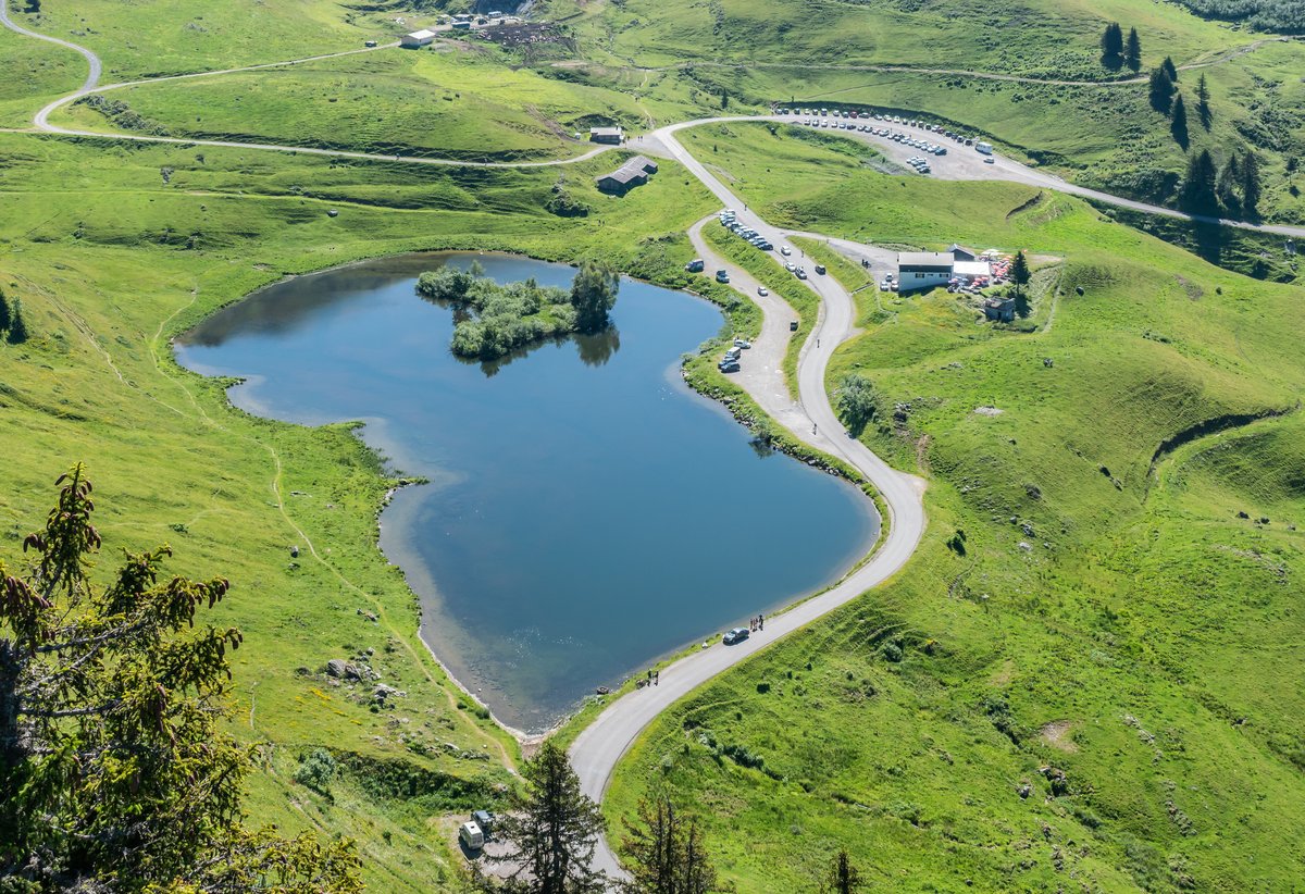 Summer view from above of the road curving around Lac de Joux Plane at the top of the Col de Joux Plane, with green alpine pastures, parked cars and the mountain inn beside the road