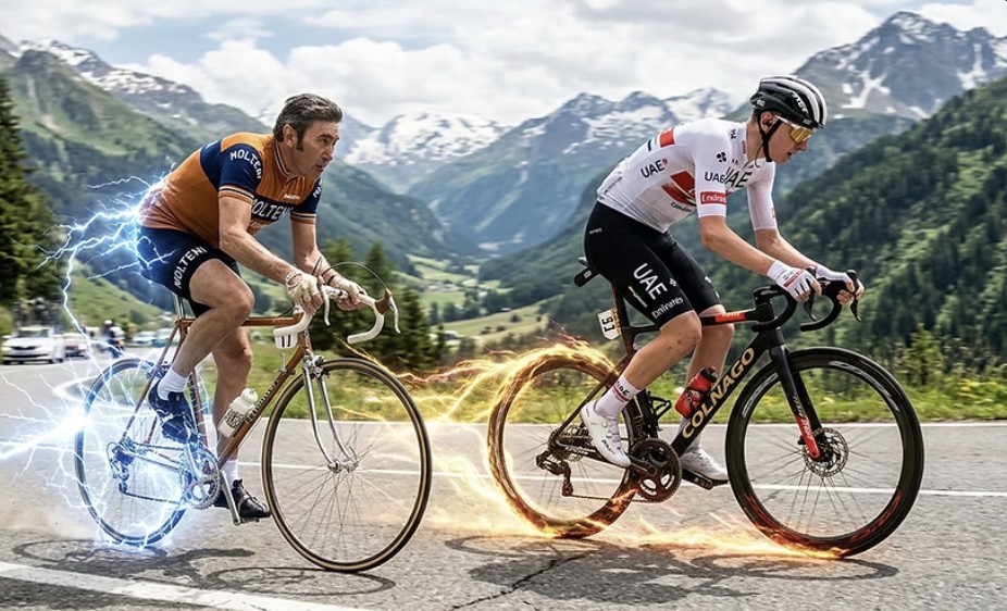 Legendary cyclists climbing an alpine road — past and present