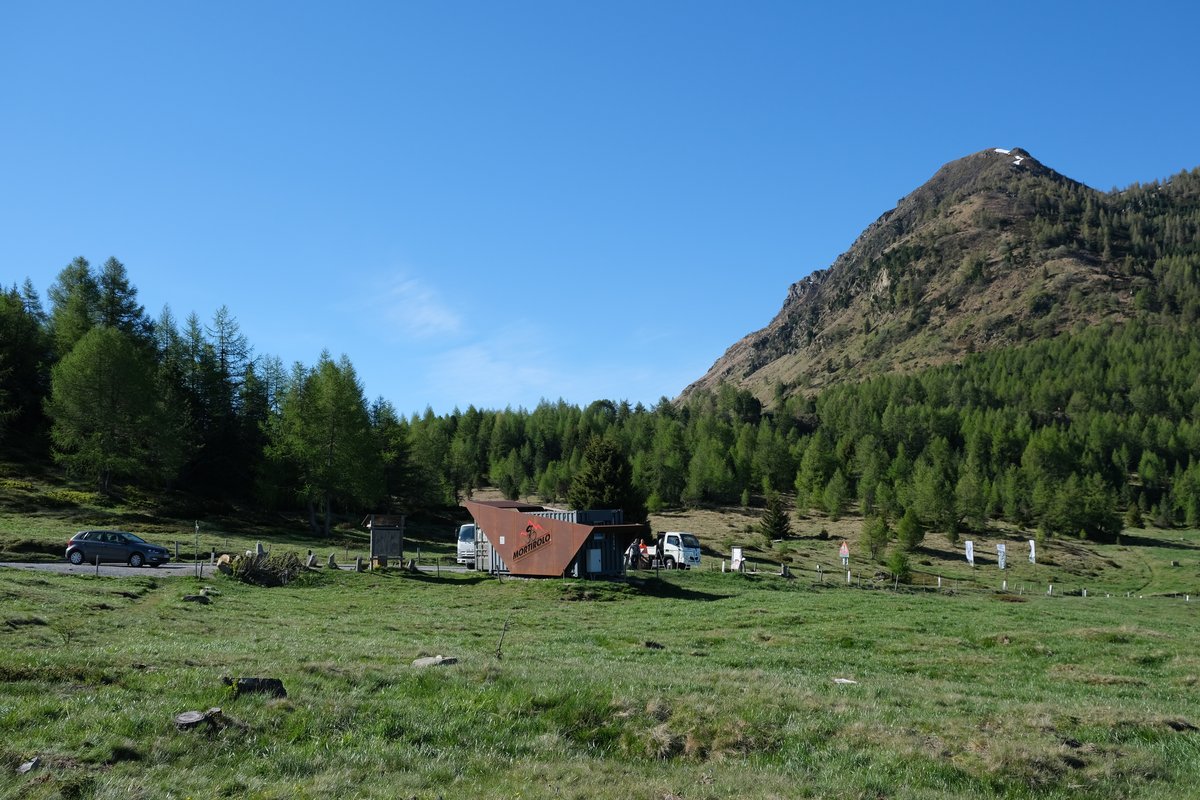The top of the Mortirolo pass: an open green meadow with a small red-roofed house and a few parked cars, larch forest behind and a rocky peak under a clear blue sky